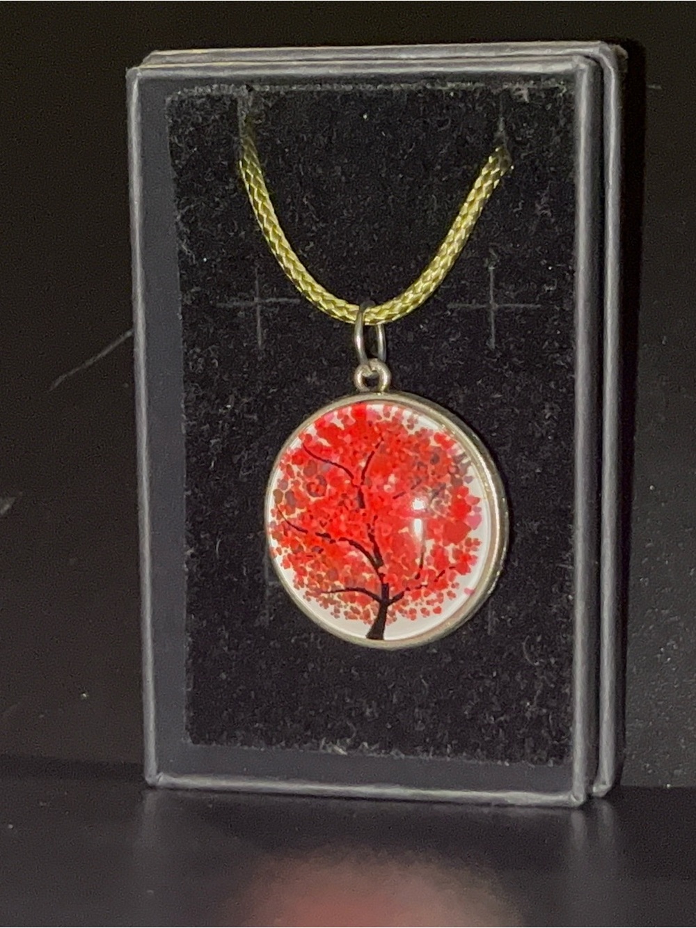 Red Tree Pendant Necklace - Glass Cabochon Necklace in Red